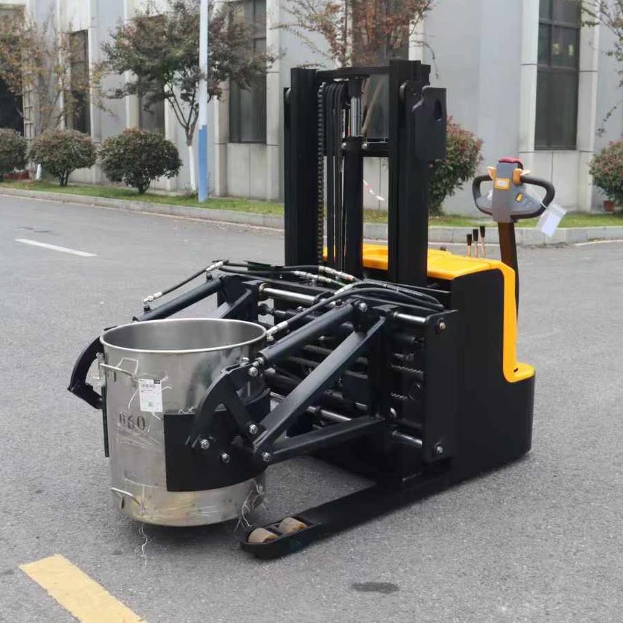 electric-pallet-stacker-with-bucket-clamp-attachment